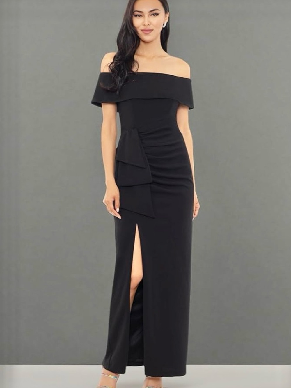 Xscape Off-Shoulder Black Maxi Gown with Front Slit-Original Price $249.00